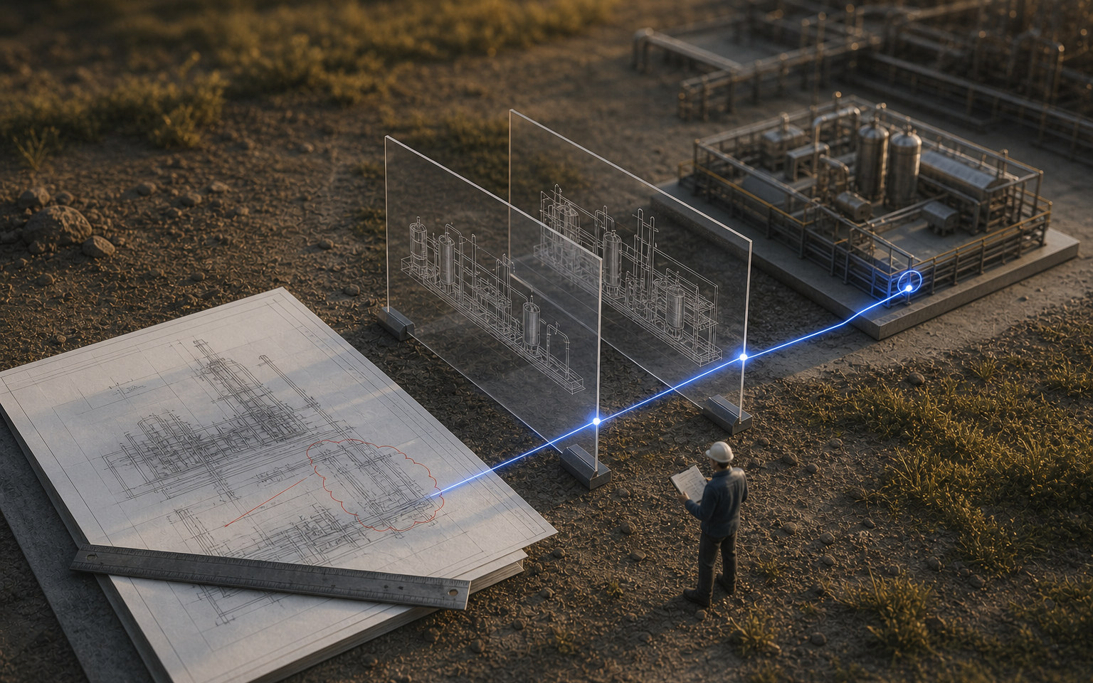 A technical reviewer comparing restrained drawing markups with a projected compressor-station model.