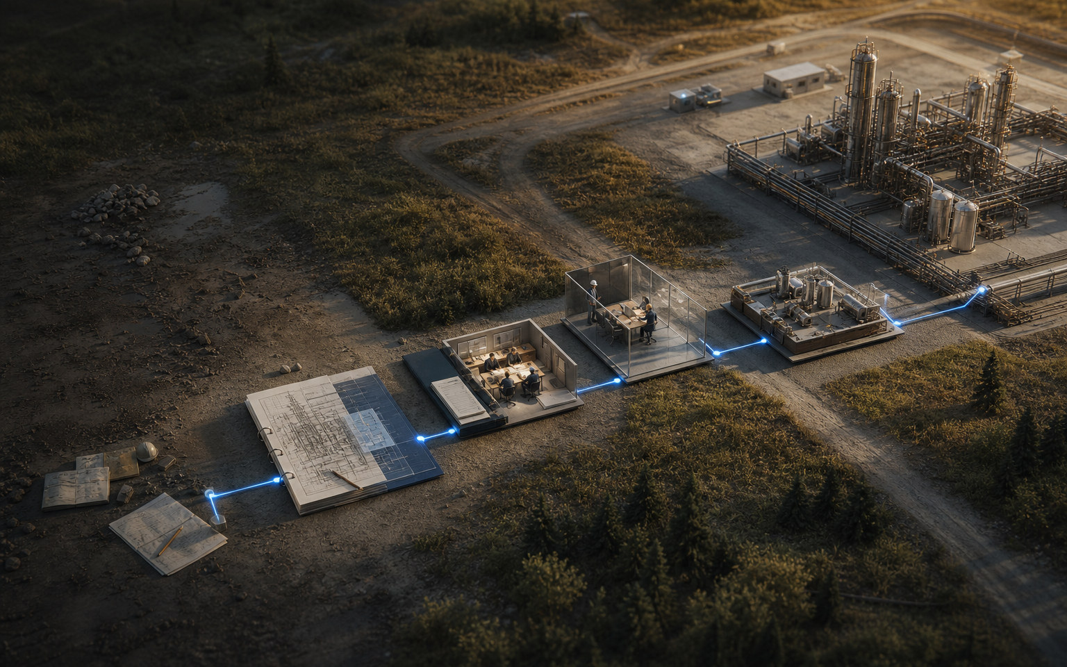 Engineering evidence moving through accountable work toward a resolved operating energy asset.