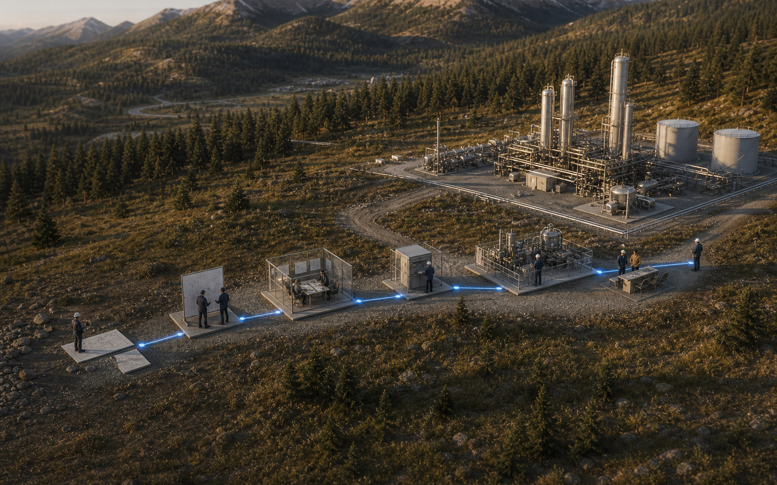 A delivery team connecting lifecycle gaps, phased decisions, and operating evidence around an energy asset.