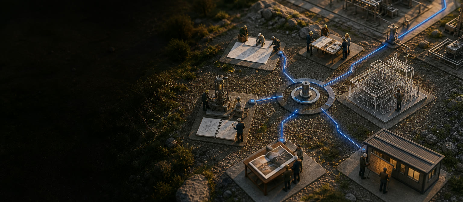 Accountable work zones connected to one governed collaboration core beside an energy asset.