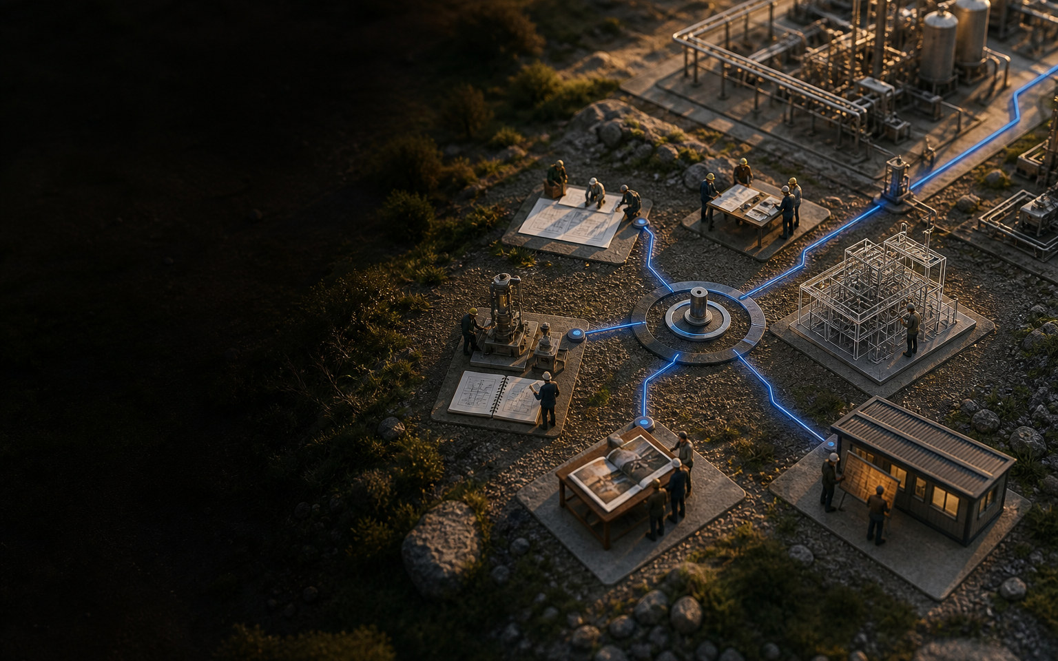 Five accountable work zones connected to one governed collaboration core beside an energy asset.