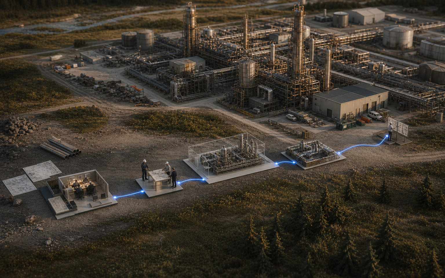 Fragmented work evidence joining a phased governed path around a brownfield energy asset.